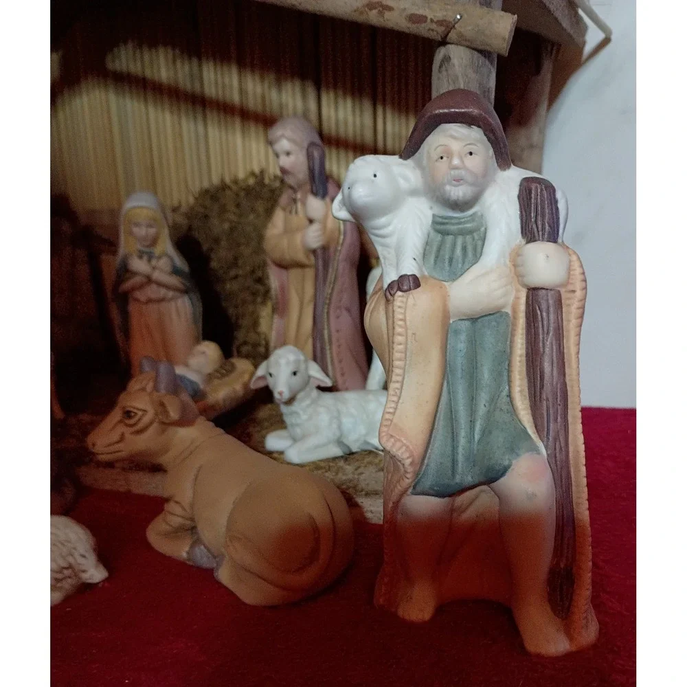 Vintage Sears Nativity Set 32 97889 Wood Stable 11 Porcelain Figures Christmas
